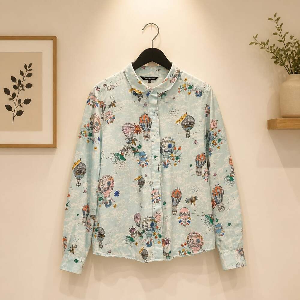 Tara Jarmon 100% Silk Hot Air Balloon Print Button-Down Long Sleeve Shirt